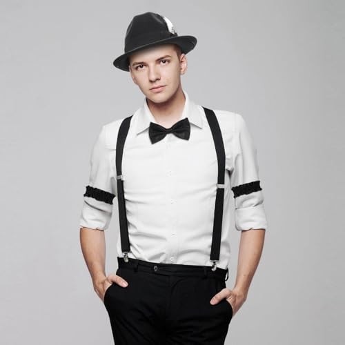 1920s Mens Costume Retro Gatsby Gangster Accessories Set Fedora Hat Black