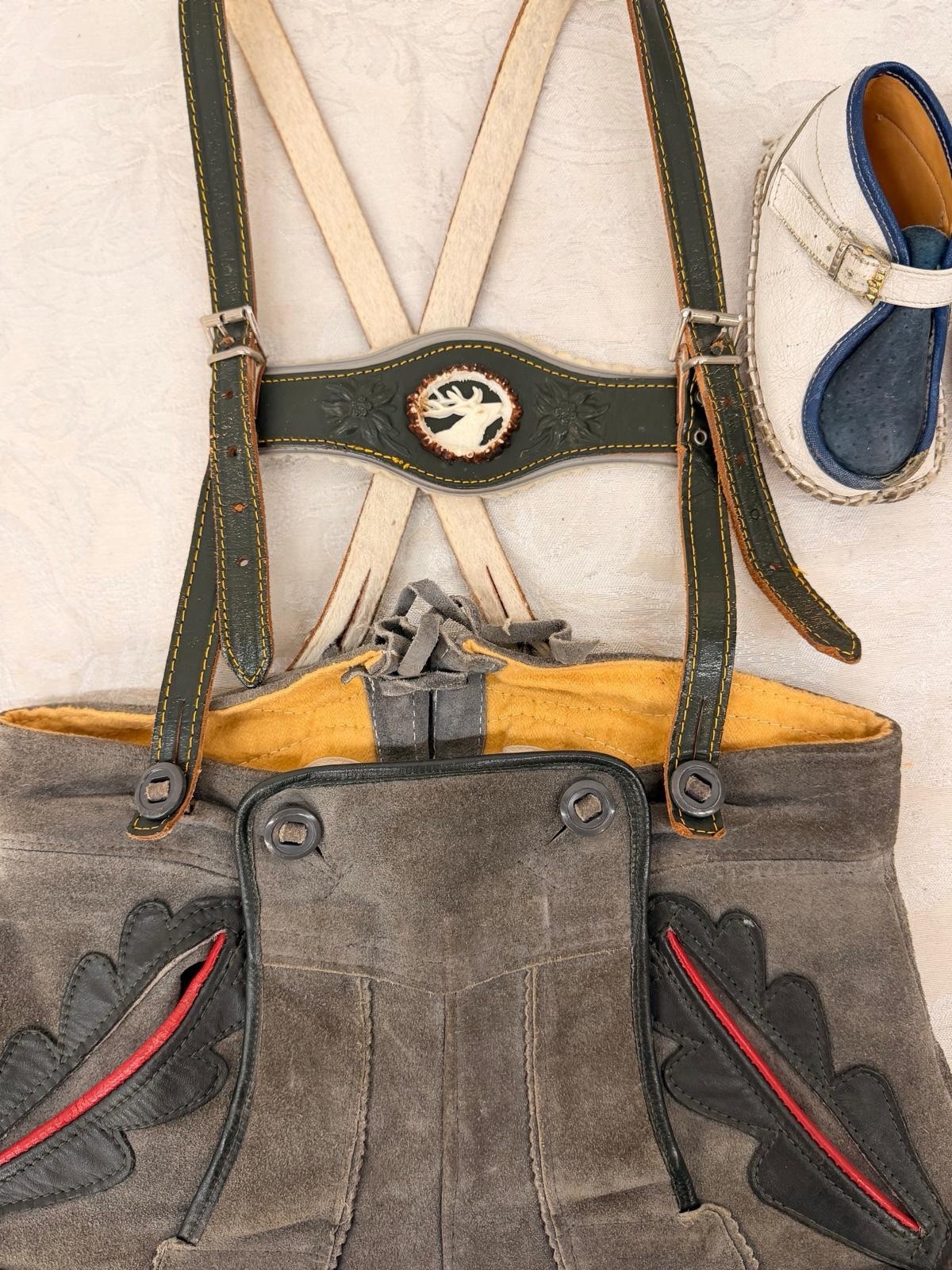 Vintage Hosbechtl Kids Suede German Lederhosen Embroidered Suspenders W/ Shoes
