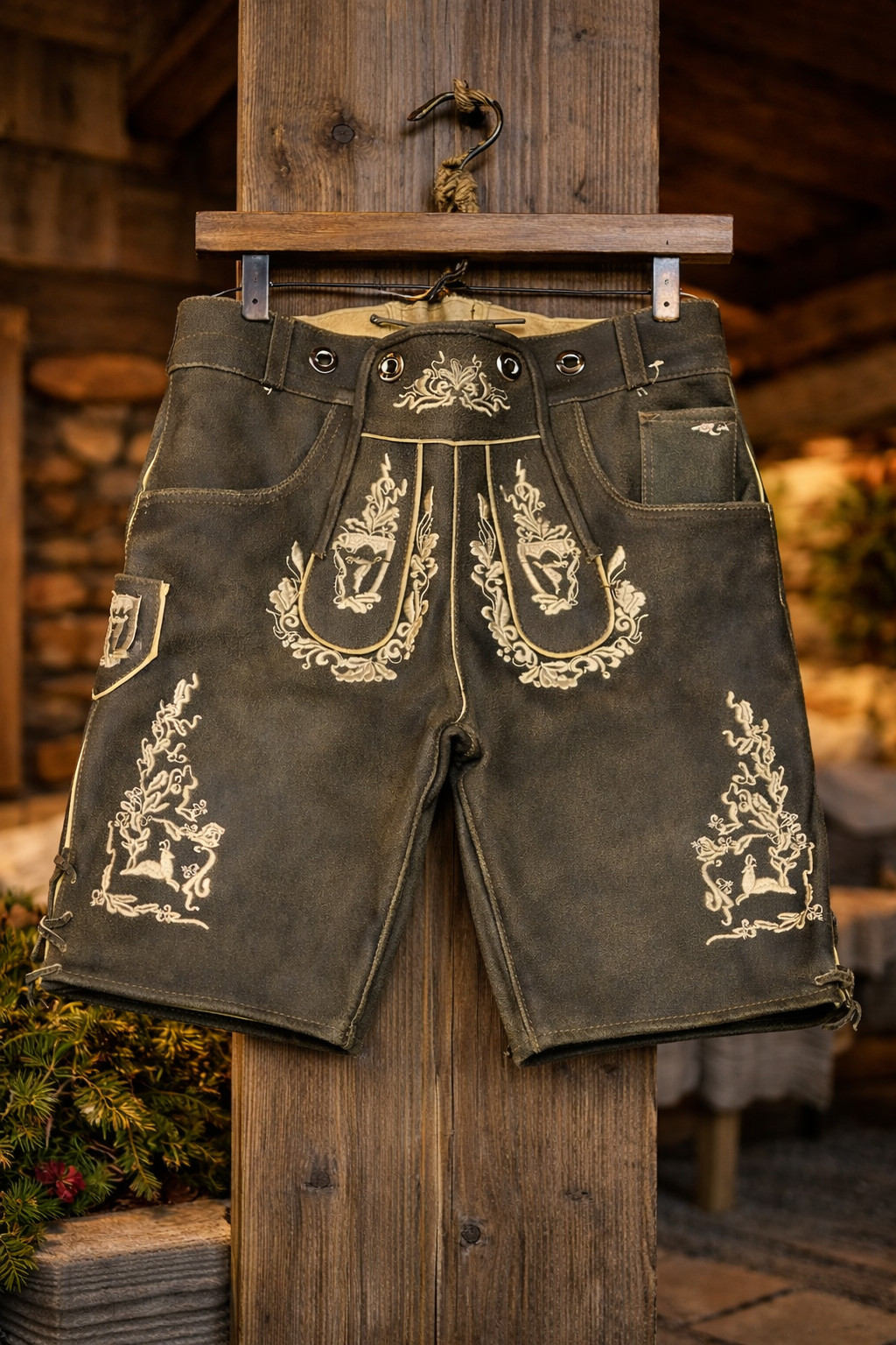 Olive Green Lederhosen for Men – Embroidered Oktoberfest Bavarian Shorts