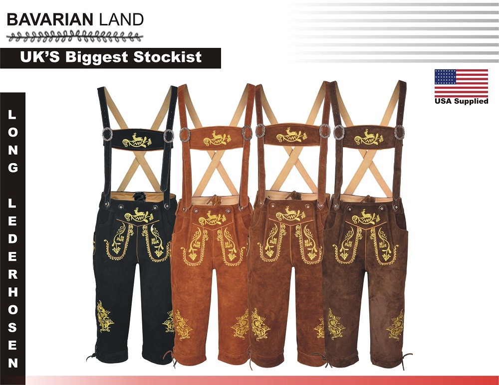 German Oktoberfest Long Bavarian Lederhosen Real Leather Matching Suspenders New