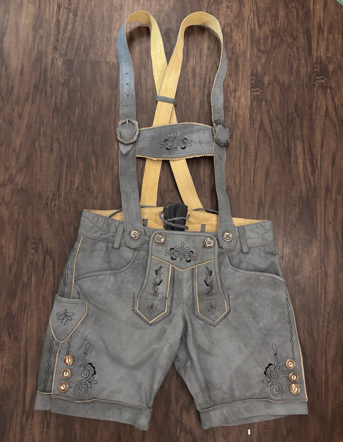 Maddox Genuine Leather Blueish Grey Lederhosen Shorts w/ Suspenders Size 38