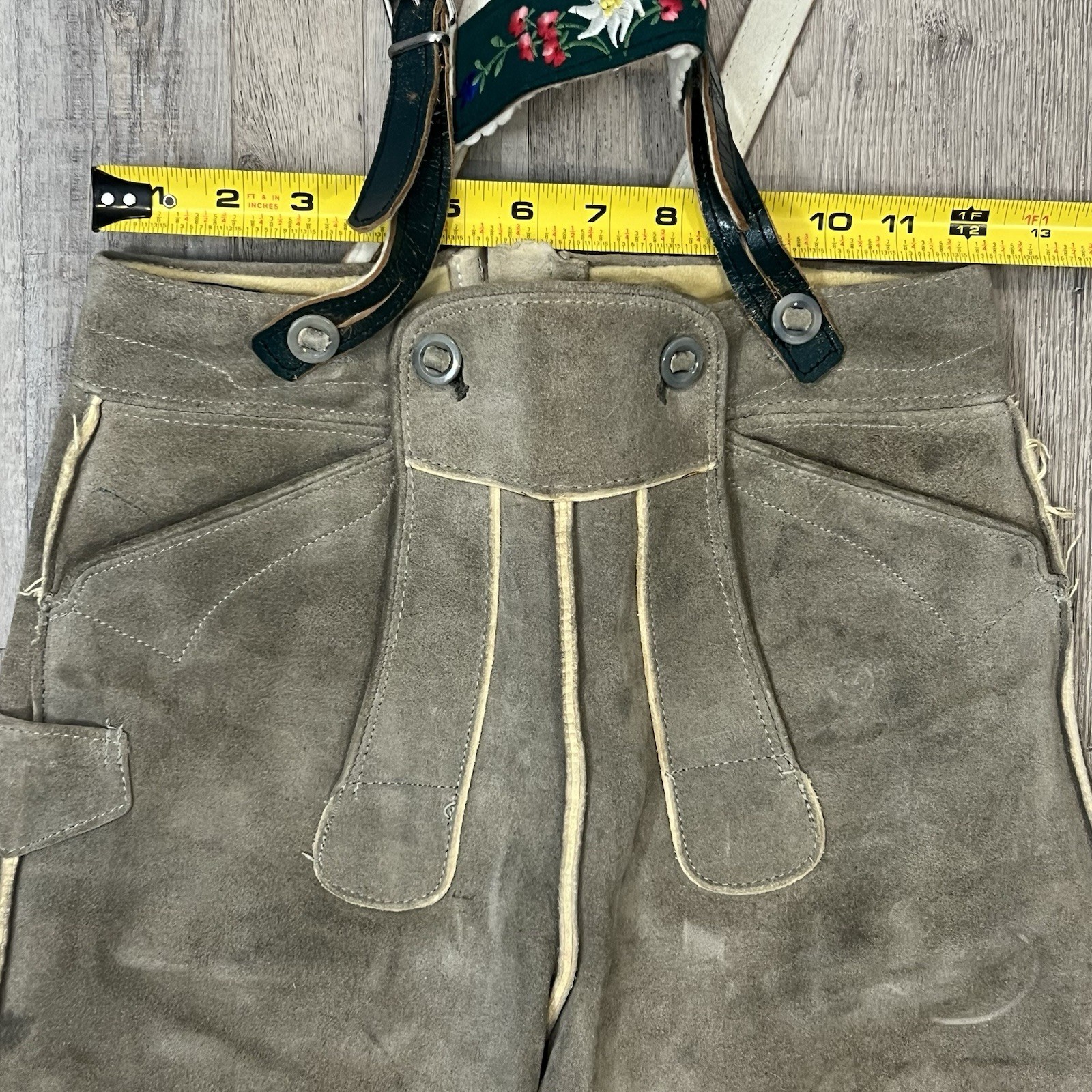 Vintage Marke Bergfreund Lederhosen Grey Suede Leather Shorts Suspenders Size 27