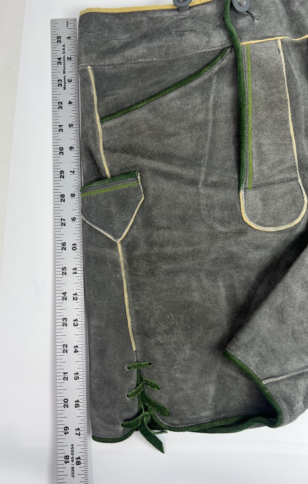 Lederhosen Oktoberfest Suede Leather Gray Shorts Green Trim No Size Tag