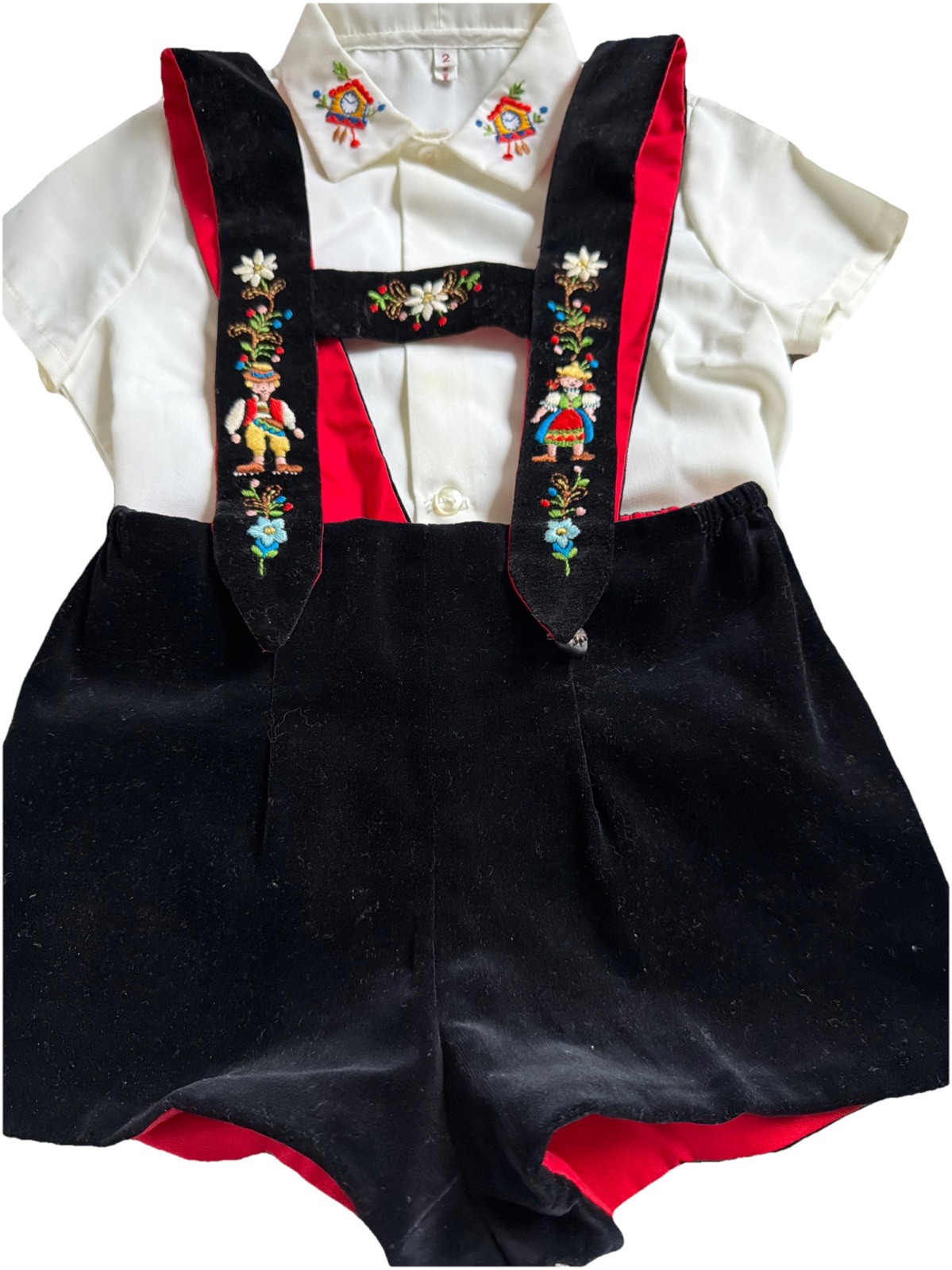Original Lederhosen Switzerland Black Velvet With Folk Embroidery And White Shir