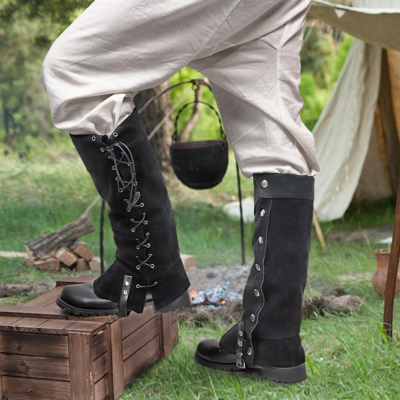 Medieval Pirate Boot Covers Faux Leather Steampunk Leg Costume for Men (Dark)