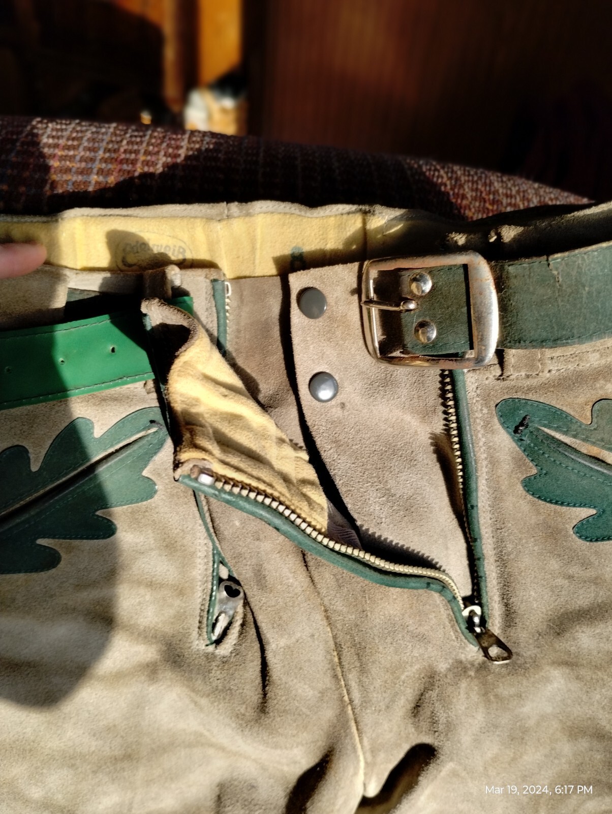 Vintage Child’s Lederhosen Shorts Gray Green Suede Waist 13″ Length 15″