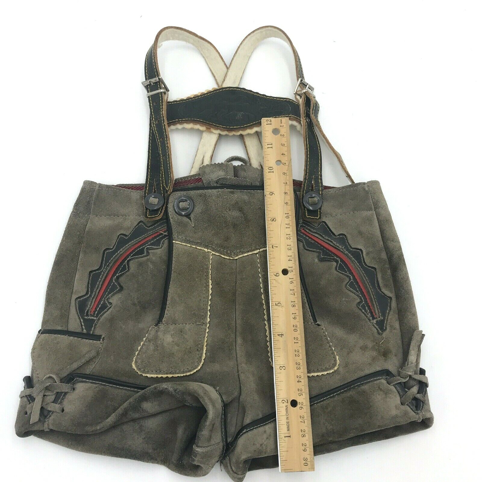 Vtg Lederhosen Grey Suede Leather 21″ Sm Waist Decor