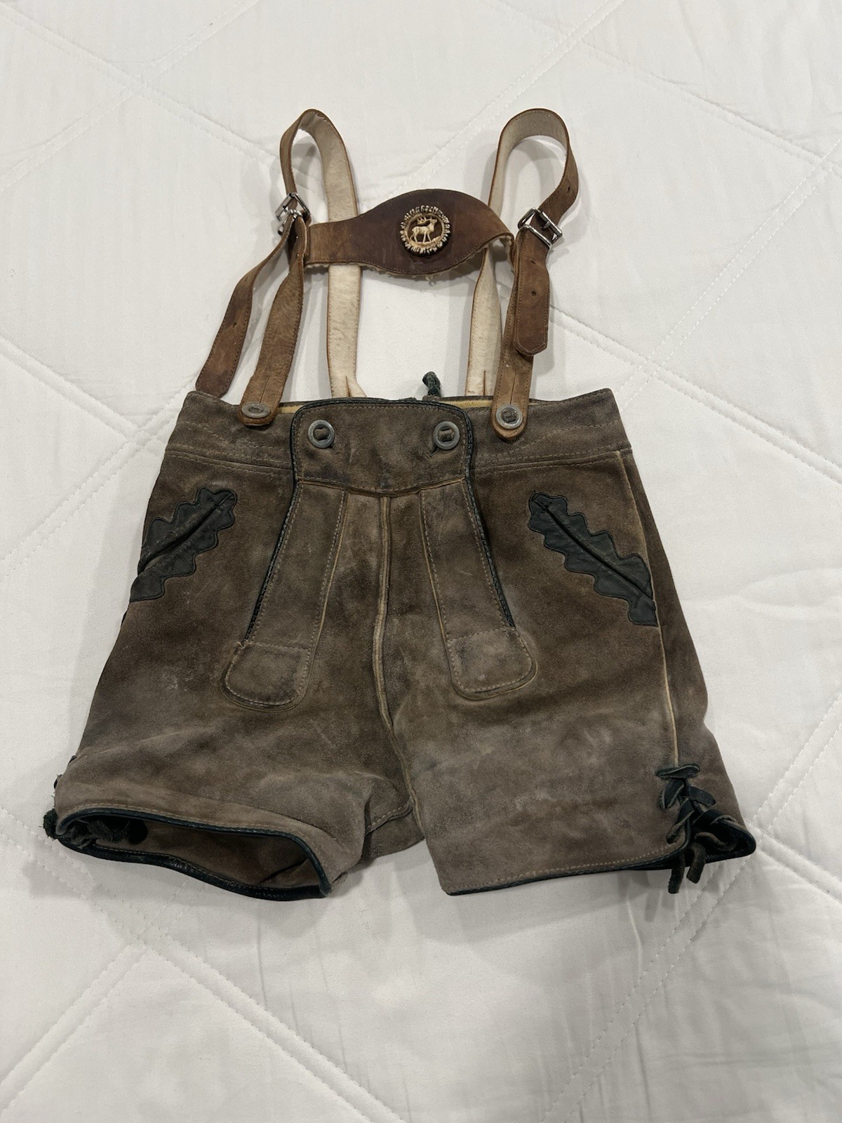 Vintage Lot Of Two German Lederhosen Overalls Suede Leather, Bergfreund 24 Waist