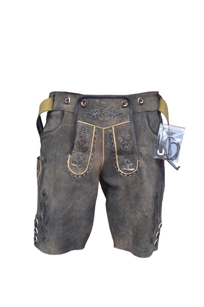 Short Lederhosen Men’s Lorenz Costume Pants with Belt Antique Dark Gray Brown