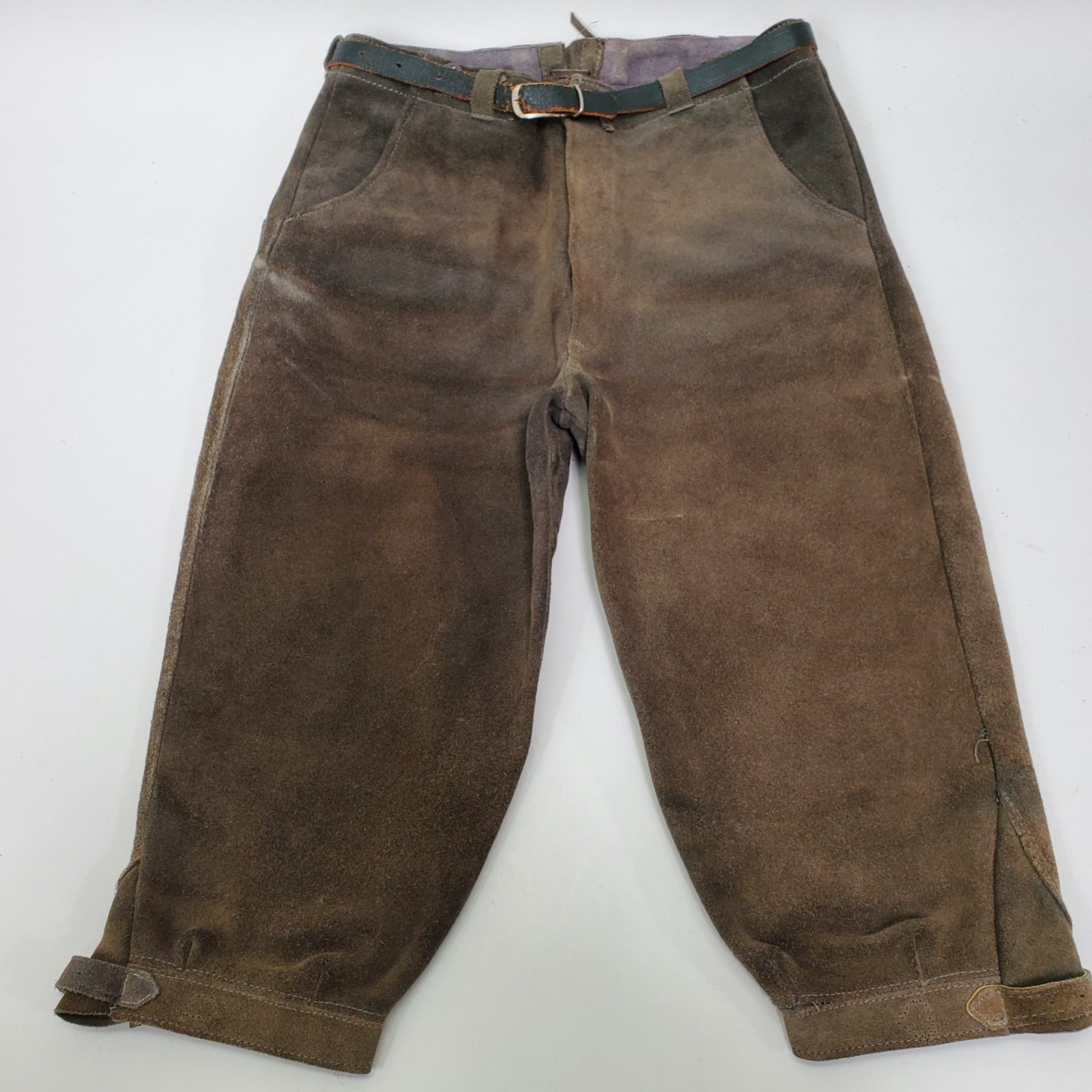 Vintage German Grey/Green Rough-Out Suede Knickerbocker Lederhosen Sz 30″