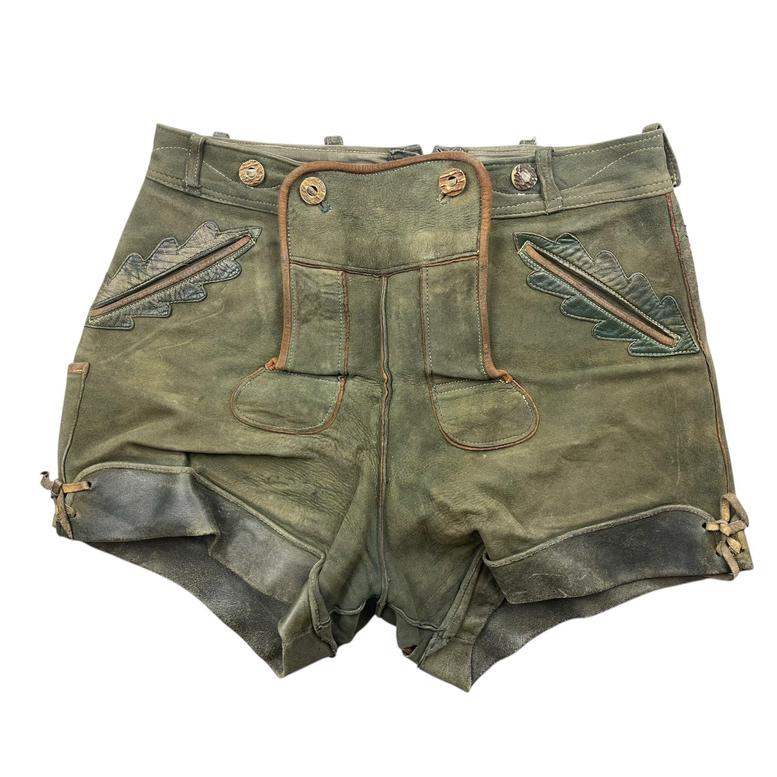 Short leather trousers size S-M waist 43cm laurel leaf 70s green leather vintage