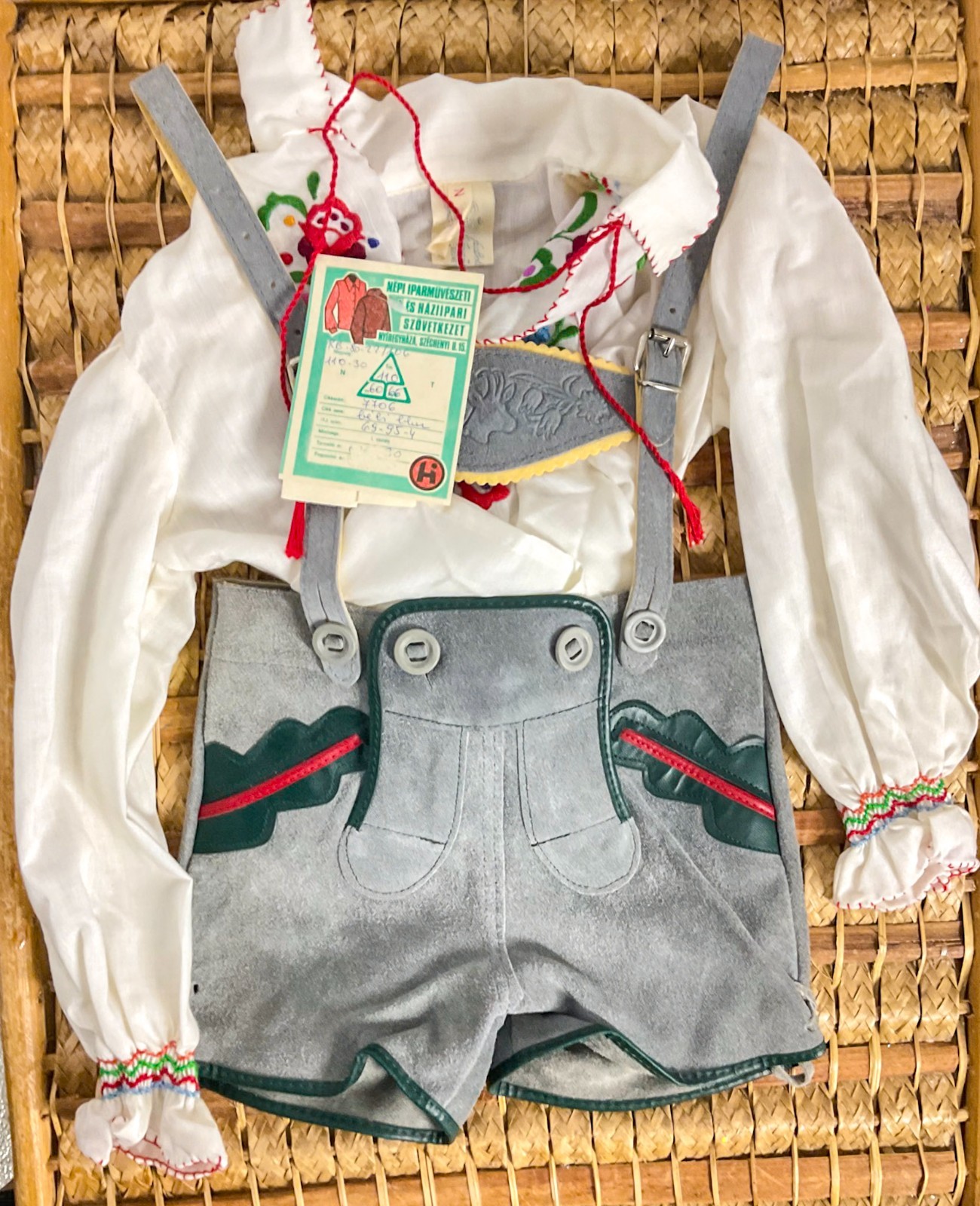 Vintage Hungarian Folk Costume Child Embroidered Lederhosen Set Suede EU