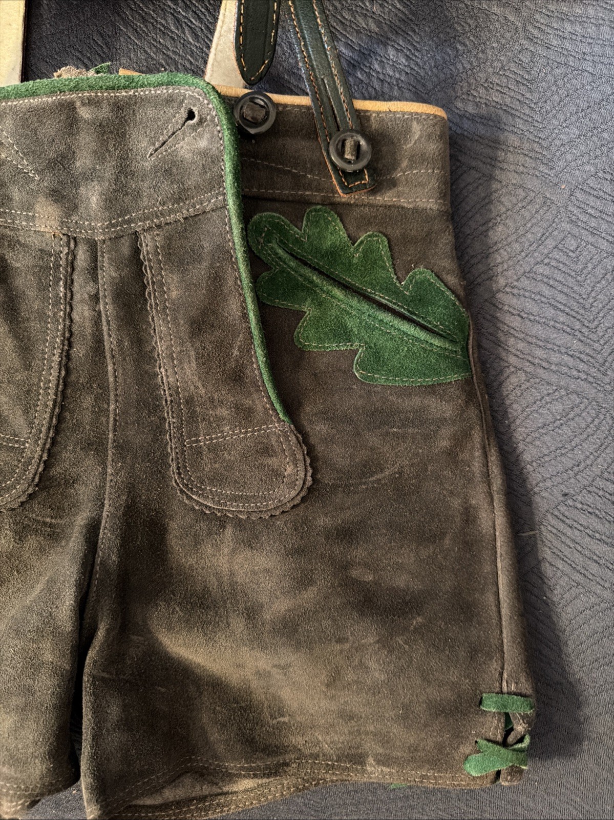 Vintage Lederhosen West Germany Leather Suede Gray Waist 21 Button Suspenders