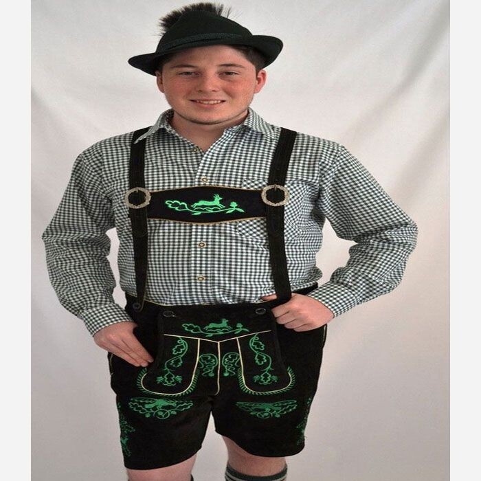 Suspenders – Black Cow Leather Lederhosen for Men with Green Embroidery Shorts