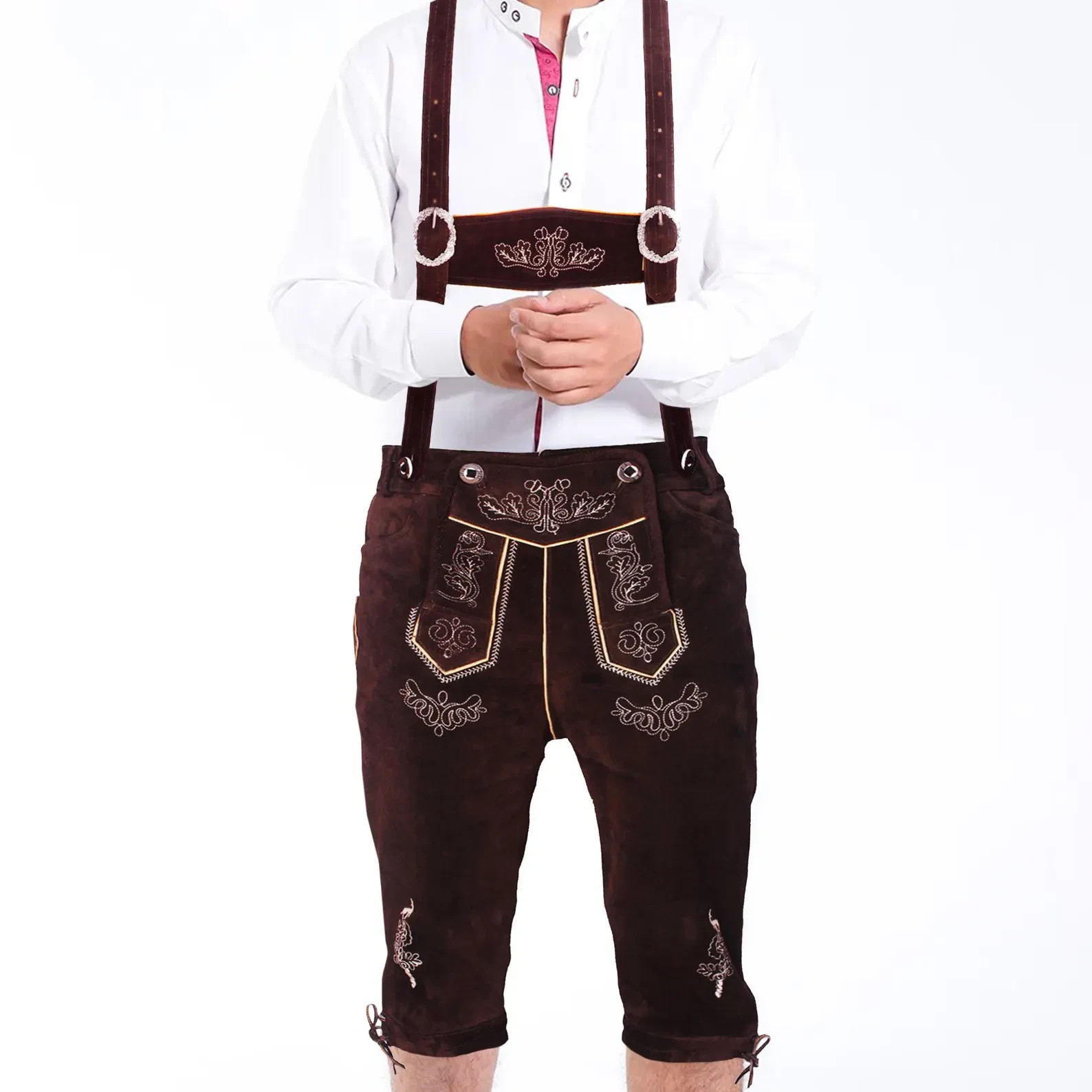 Mens Kniebundhosen Suede Leather Lederhosen Bavarian Trachten Shorts& Suspenders