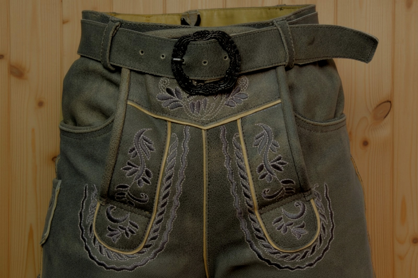 Lederhosen Men Octorberfest Real Suede Leather Olive Beige Antique Distressed