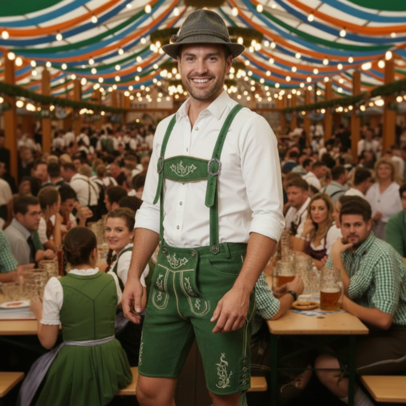 Men Lederhosen made of Genuine Cow Suede Leather Green