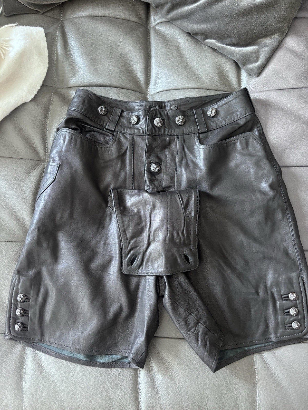 Chrome Hearts Black Leather Shorts Button Front Flap Size S