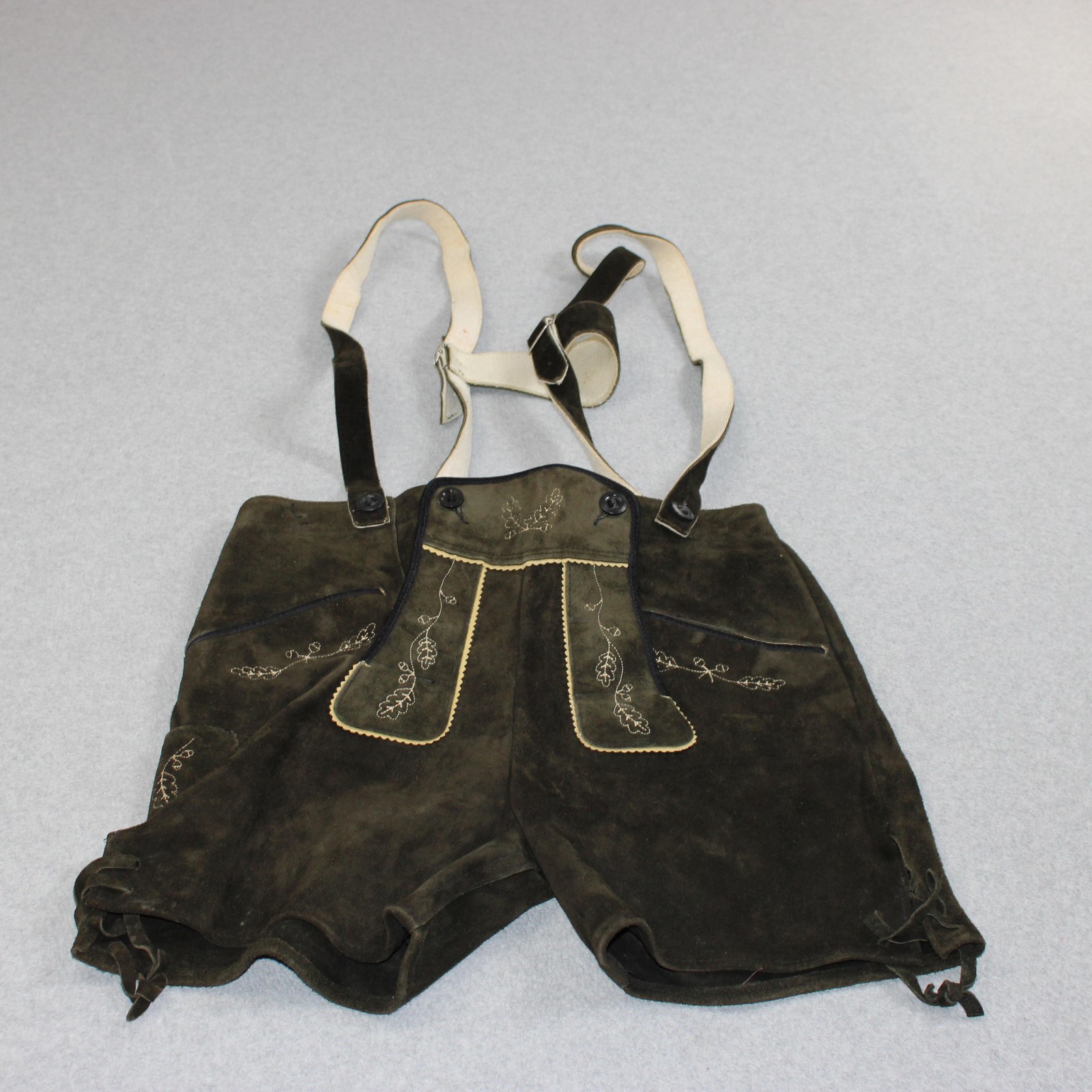 Vintage Lederhosen Men 34 Brown Suede Leather Embroidered Oktoberfest Deer Retro