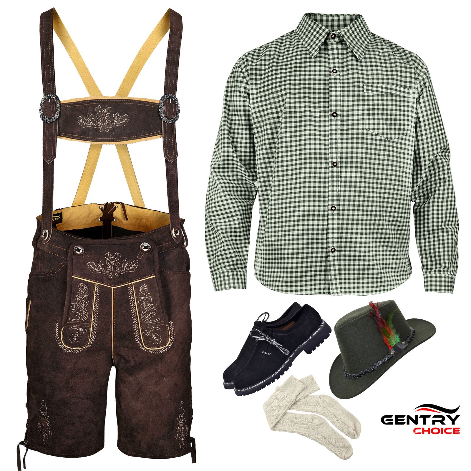 Mens Oktoberfest Costume Suede Lederhosen Set Bavarian Authentic Leather Shorts