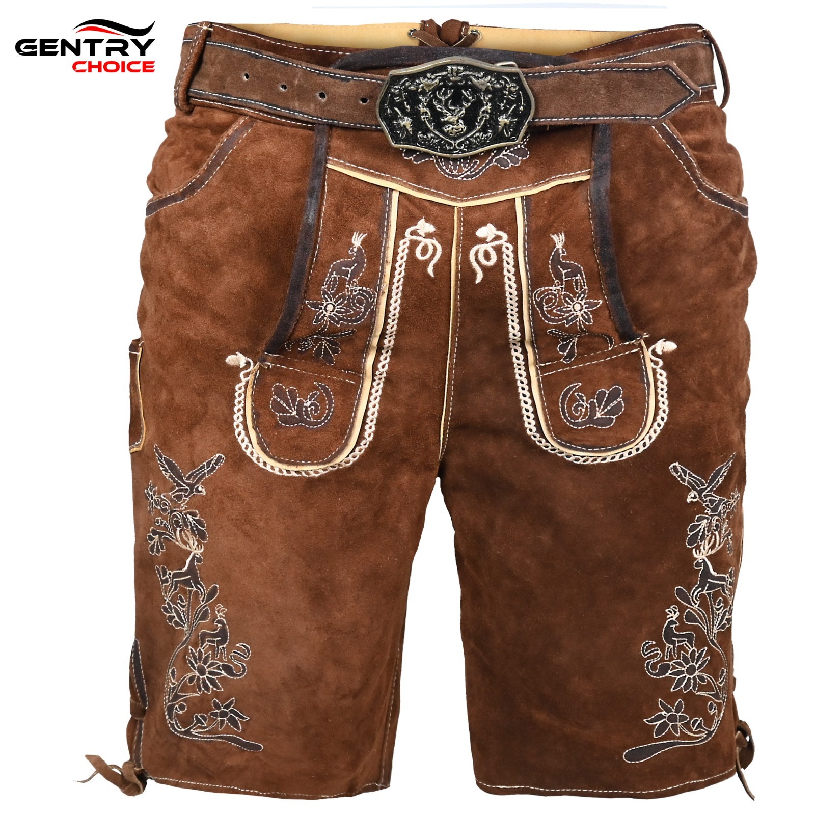 Mens Suede Leather Lederhosen Oktoberfest Bavarian Costume Shorts With Belt