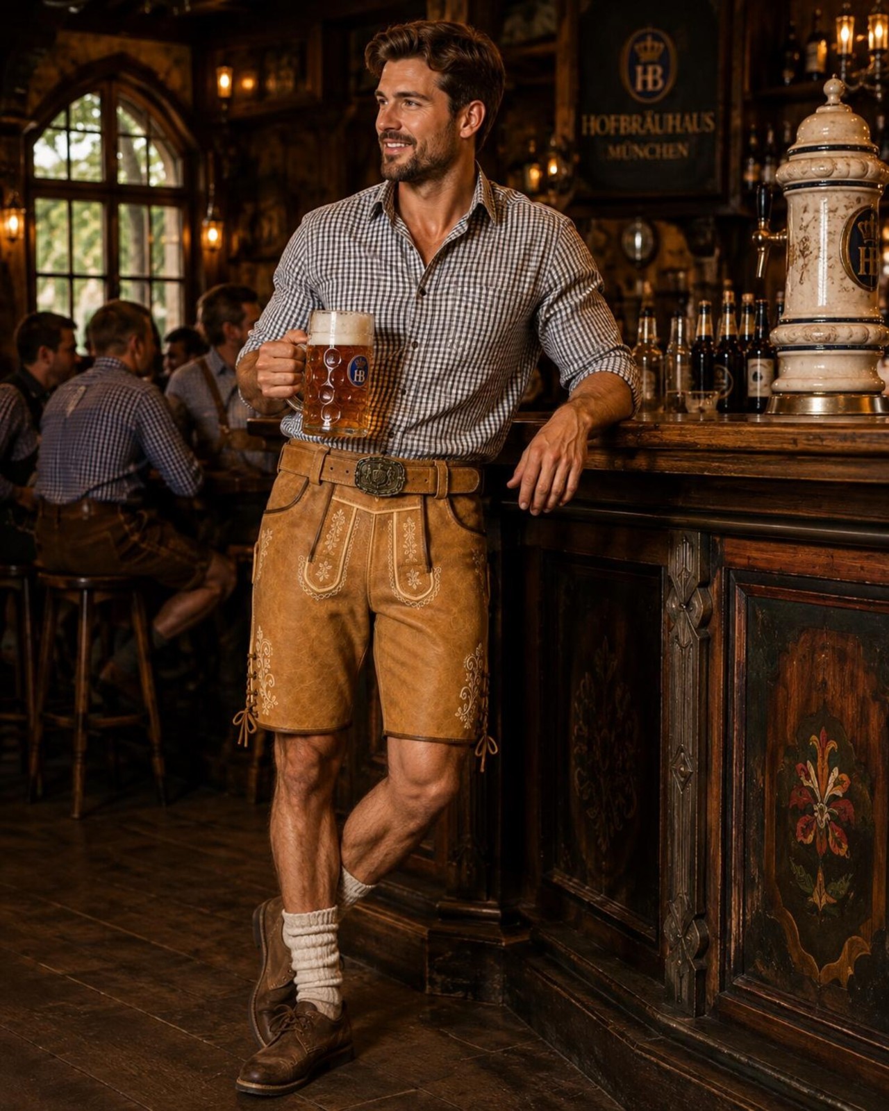 Men’s Tan Leather Lederhosen Shorts with Belt, Traditional German Bavarian Oktob