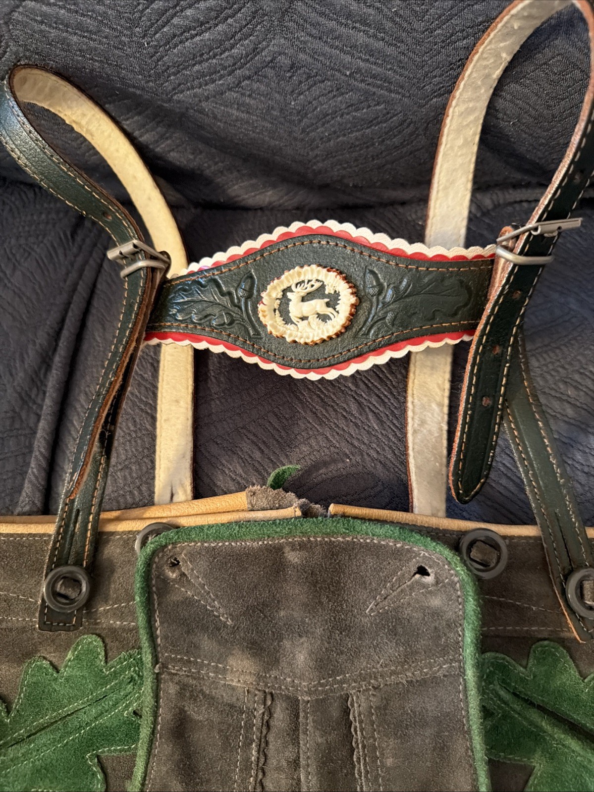 Vintage Lederhosen West Germany Leather Suede Gray Waist 21 Button Suspenders