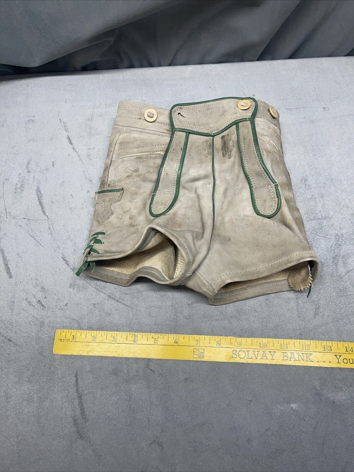 Vintage 60’s 70’s Lederhosen Grey Suede Leather Shorts Child No Size Dirty