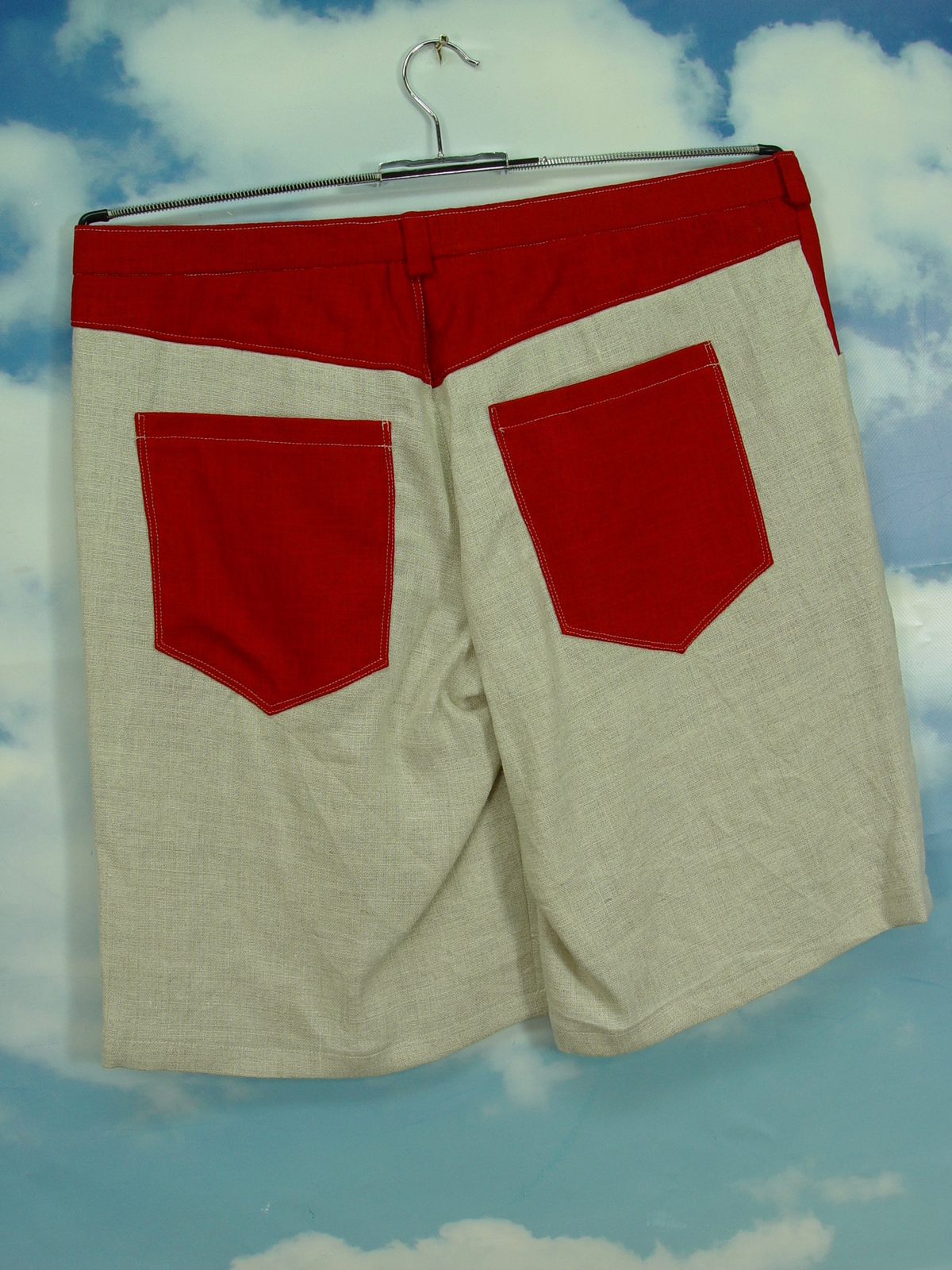 Upcycling Pants Herren Shorts rote Taschen aus Leinen kurze Hose UCS006 Gr.54