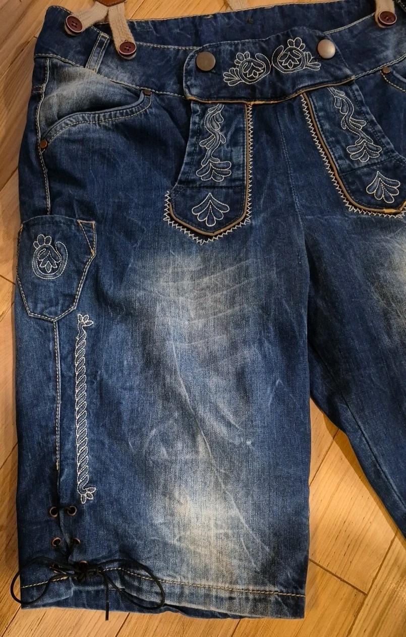 Nwt German Trachten Modern Denim Lederhosen 34″ Waist w/Suspenders Oktoberfest