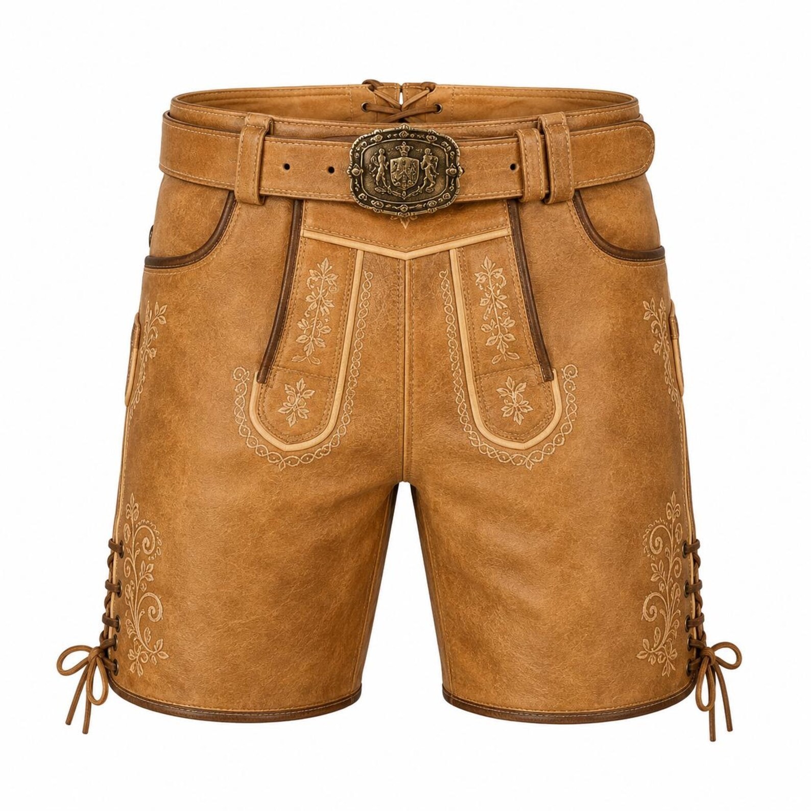 Men’s Tan Leather Lederhosen Shorts with Belt, Traditional German Bavarian Oktob