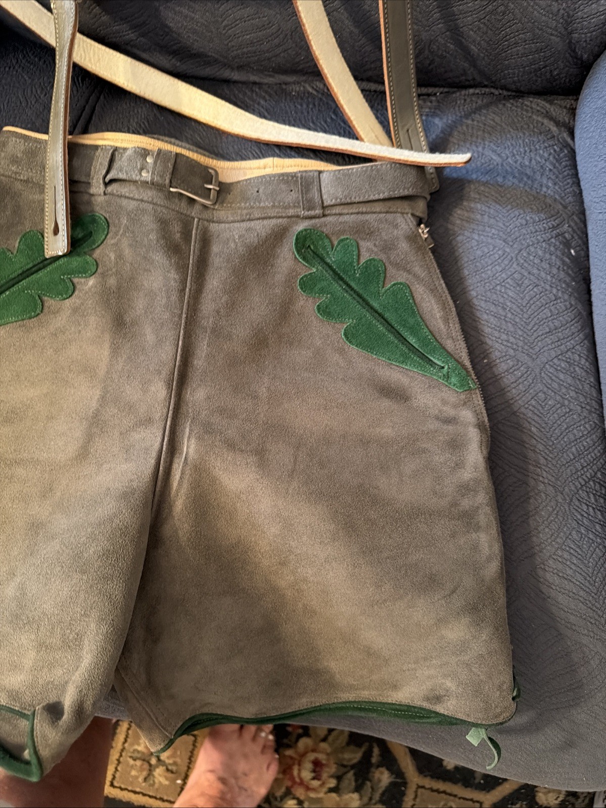 Vintage Lederhosen West Germany Leather Suede Gray Waist 26 Button Suspenders