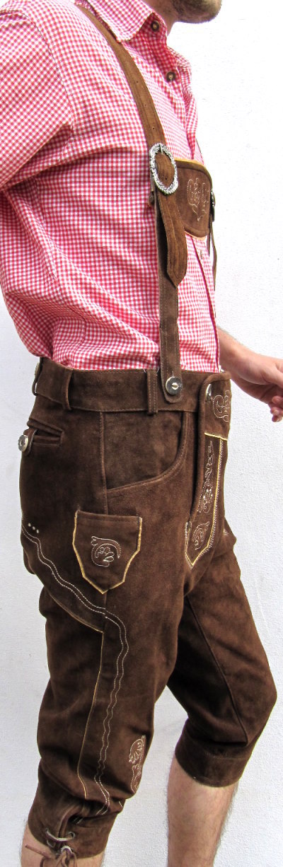 HIRSCHBERGER Trachten Lederhose Kniebund braun Gr. 46 – 72 Wildleder mit Träger