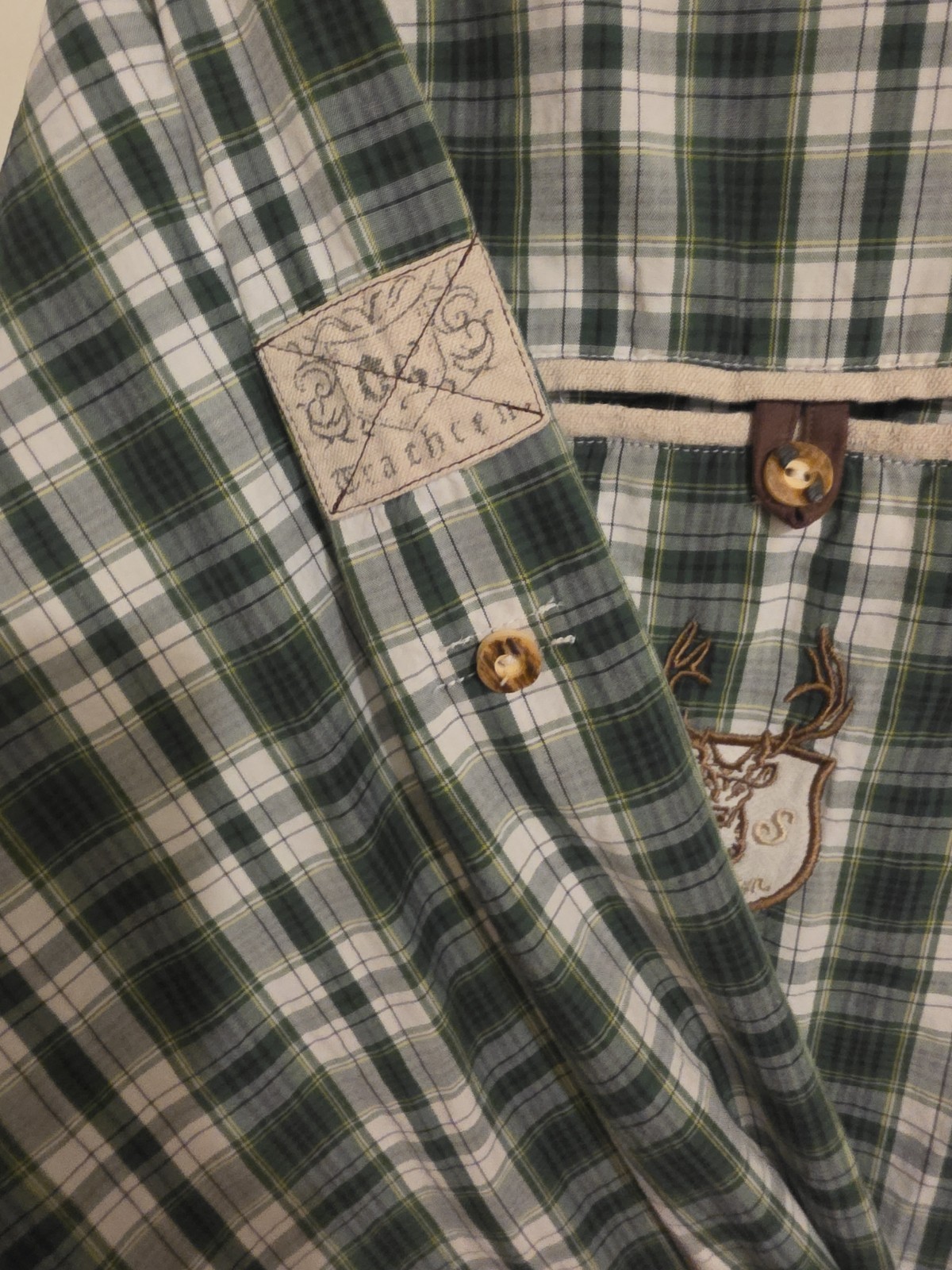 OS Trachten Alpenjäger Bavarian Shirt Green Plaid Mountain Patches Oktoberfest M