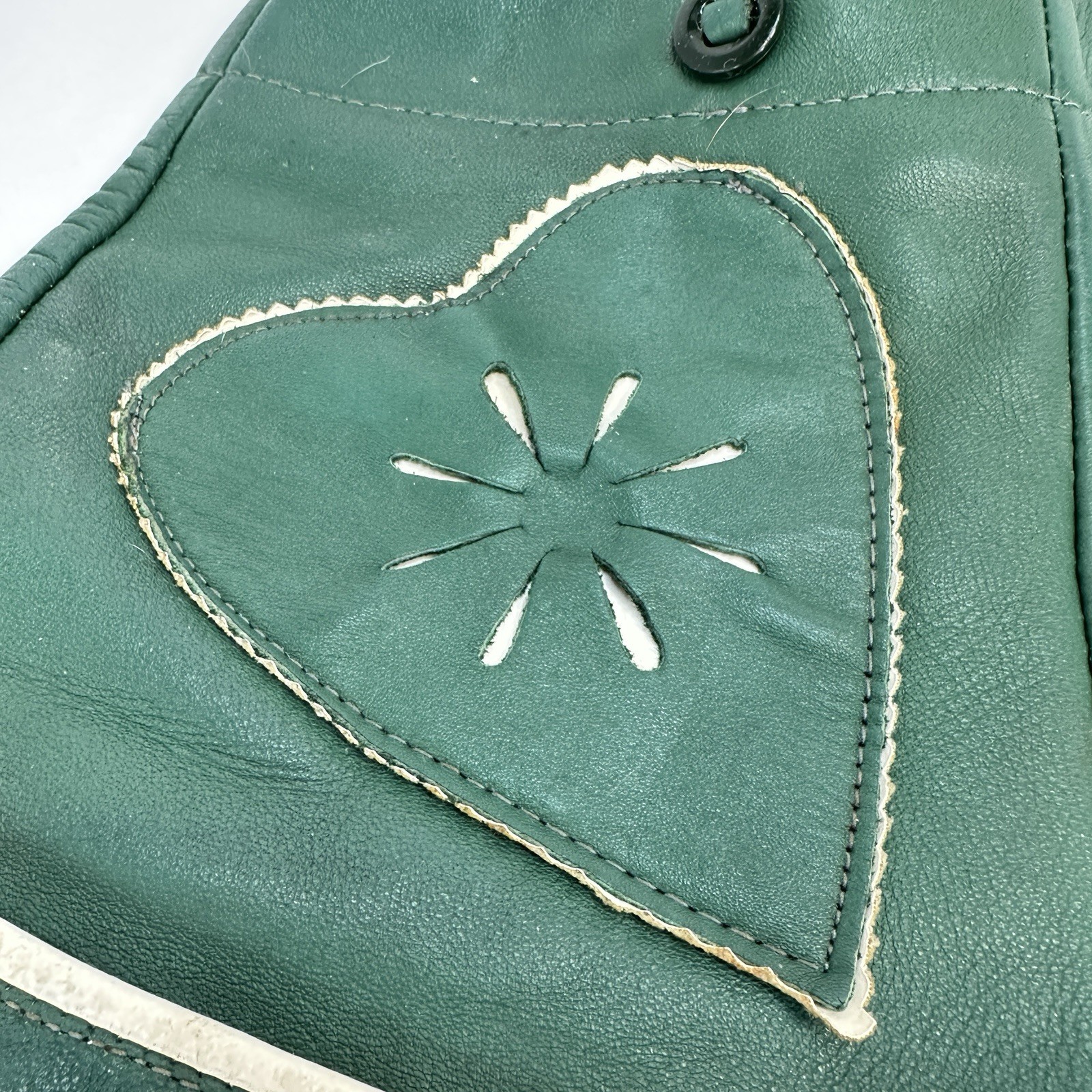 Vintage Green Leather Heart Lederhosen Child Size (see photos for measurements)