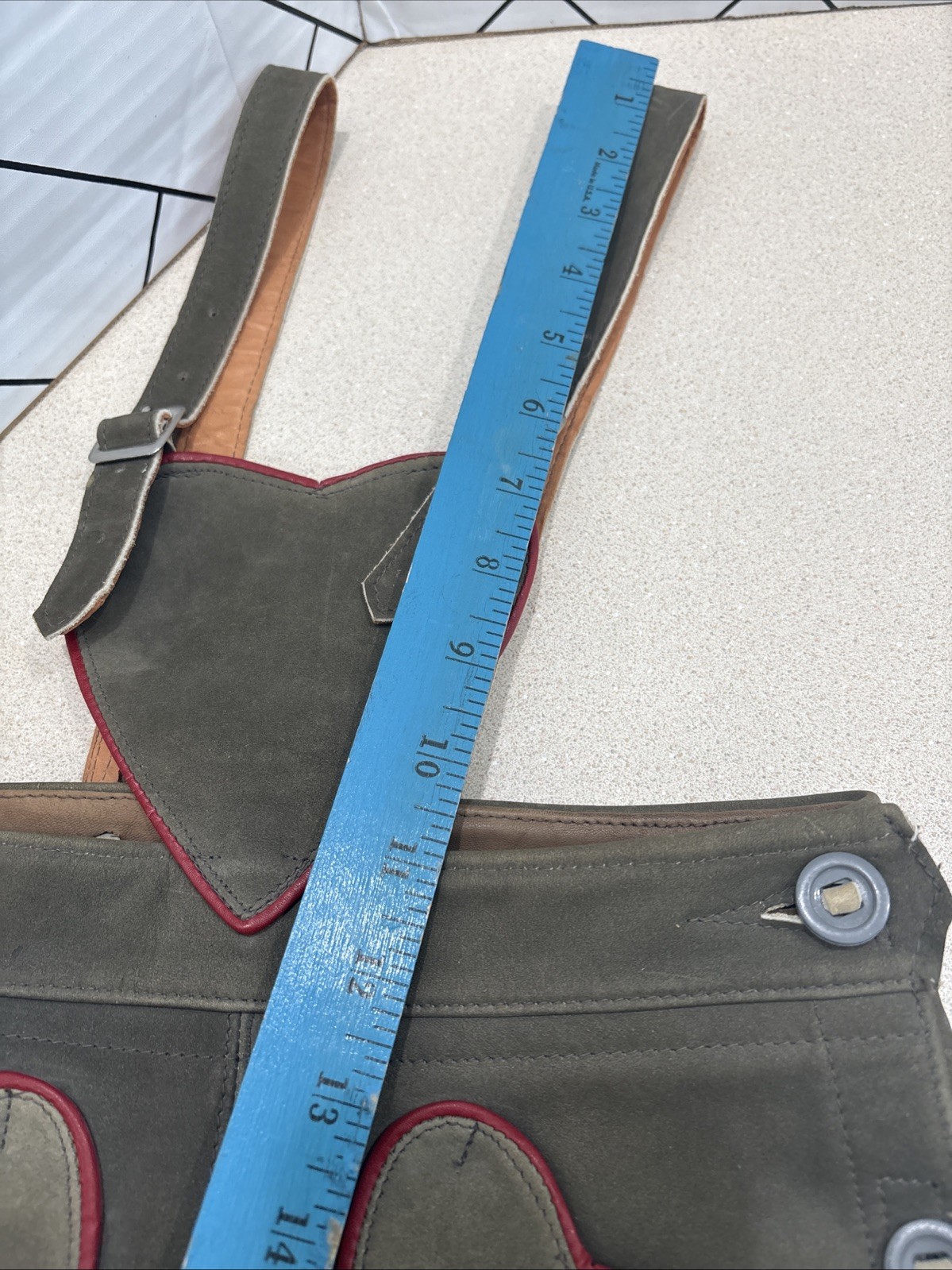 Vintage Lederhosen Childrens Kids Green Suede Heart Leather Shorts Suspender 22”