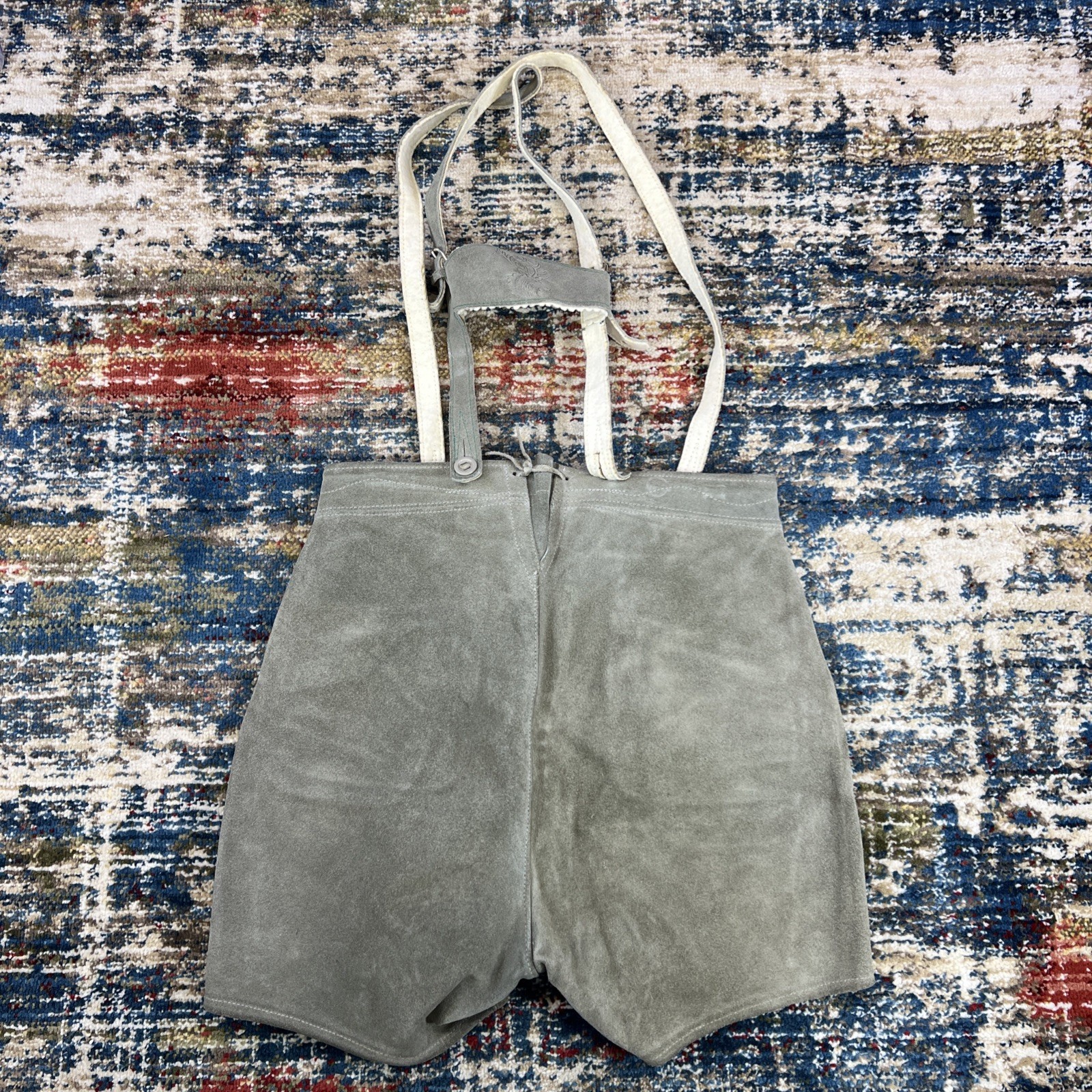 Vintage German Austrian Lederhosen Grey Shorts Suede Leather Size 38 Suspenders