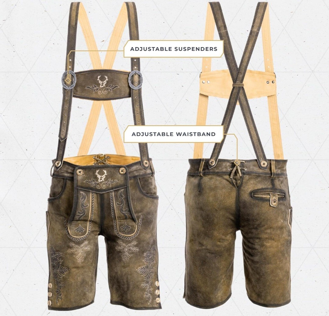 Schöneberger Men’s Bavarian Lederhosen Brown – Oktoberfest Leather Trousers 42R