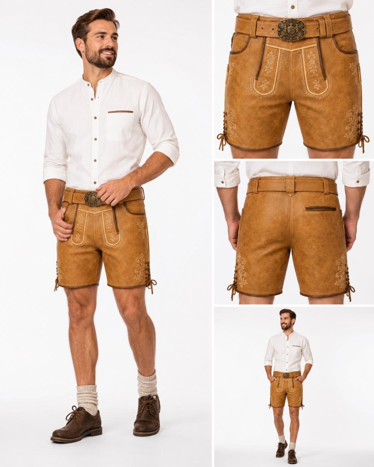 Men’s Tan Leather Lederhosen Shorts with Belt, Traditional German Bavarian Oktob