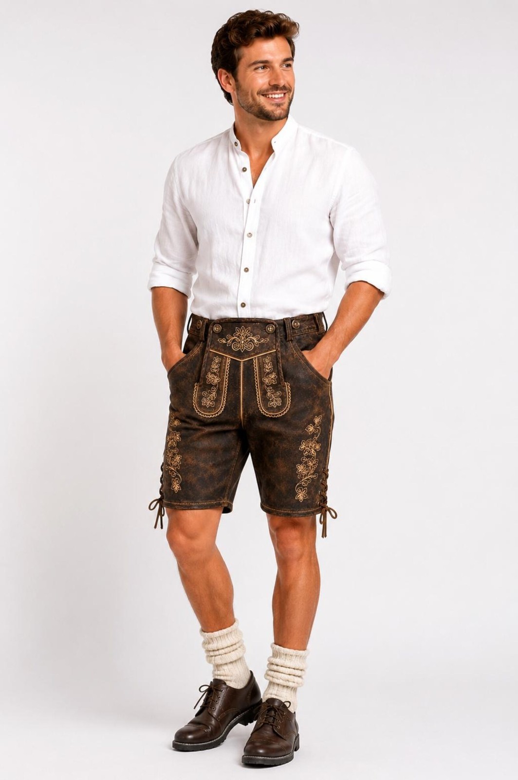 Men’s Distressed Brown Leather Lederhosen Shorts | Handmade Bavarian Oktoberfest