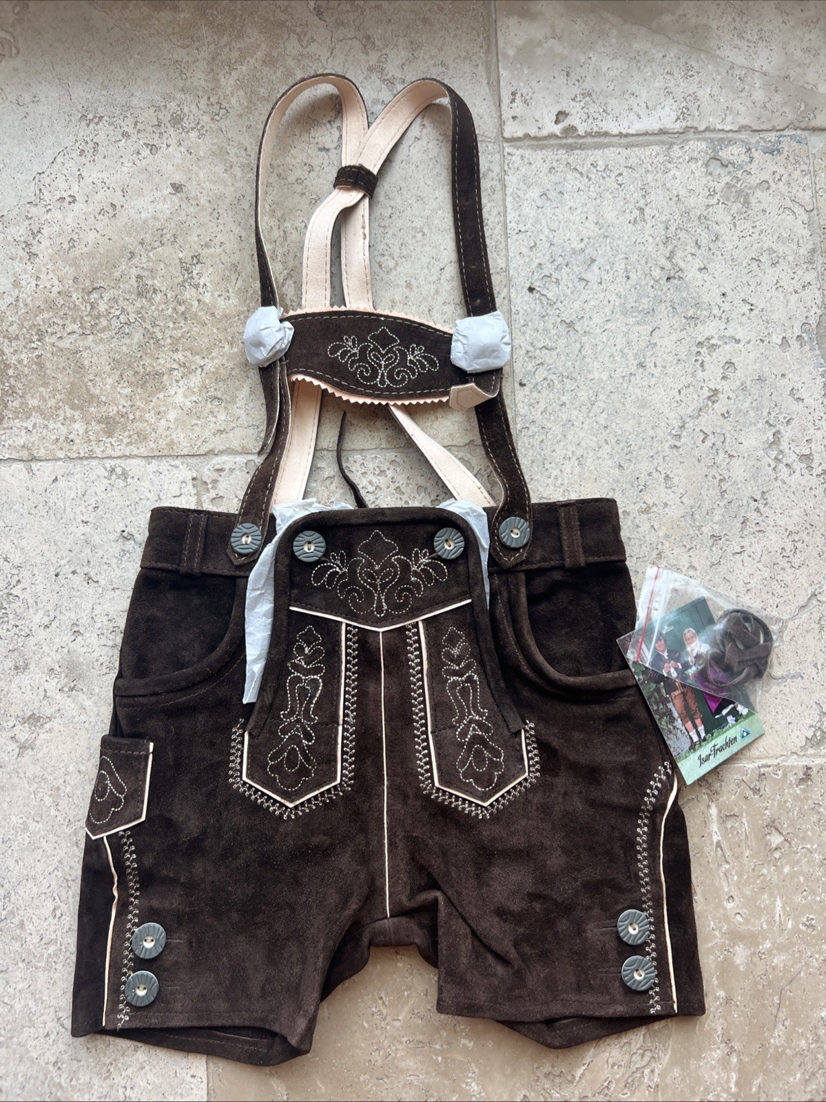 NWT Isar Trachten Kids Brown Suede Lederhosen Bavarian Oktoberfest Suspenders 4T