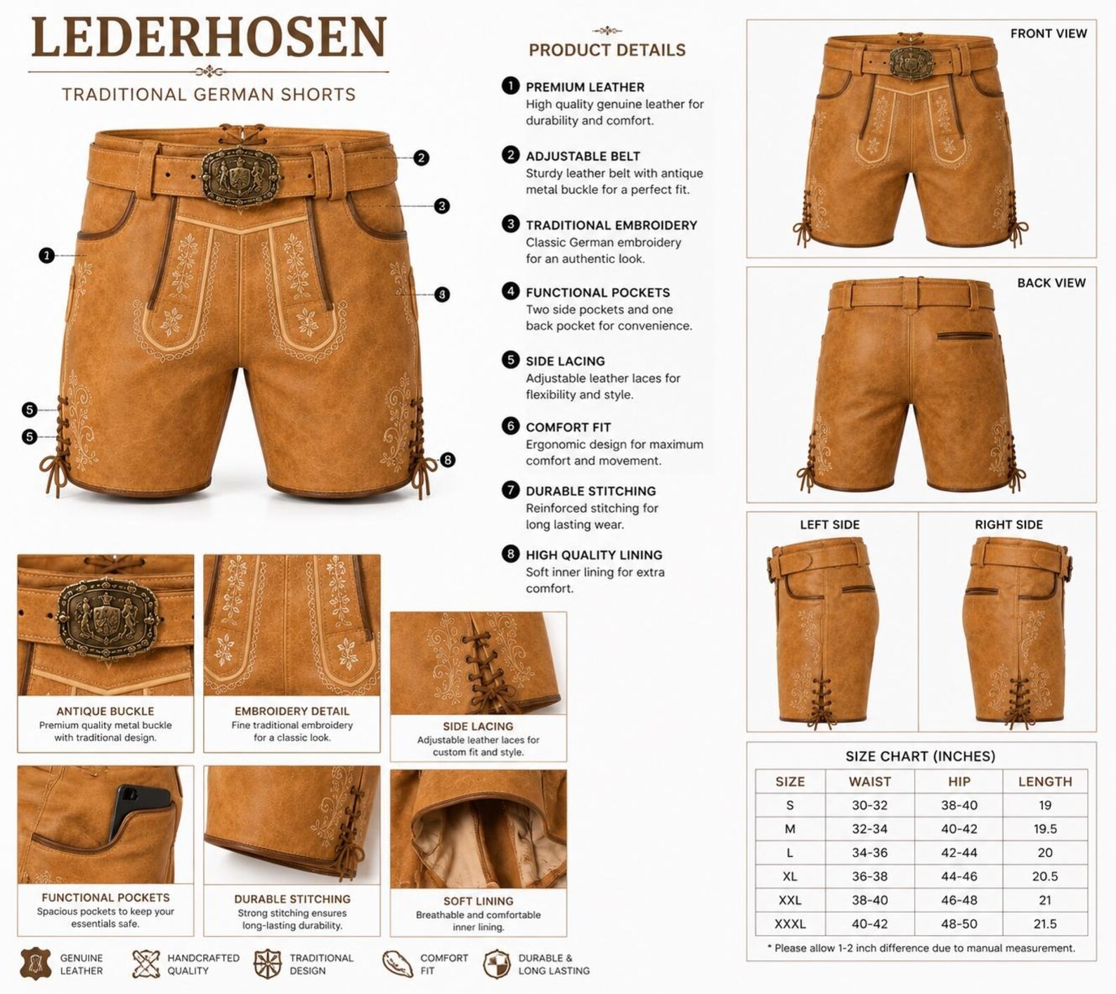 Men’s Tan Leather Lederhosen Shorts with Belt, Traditional German Bavarian Oktob