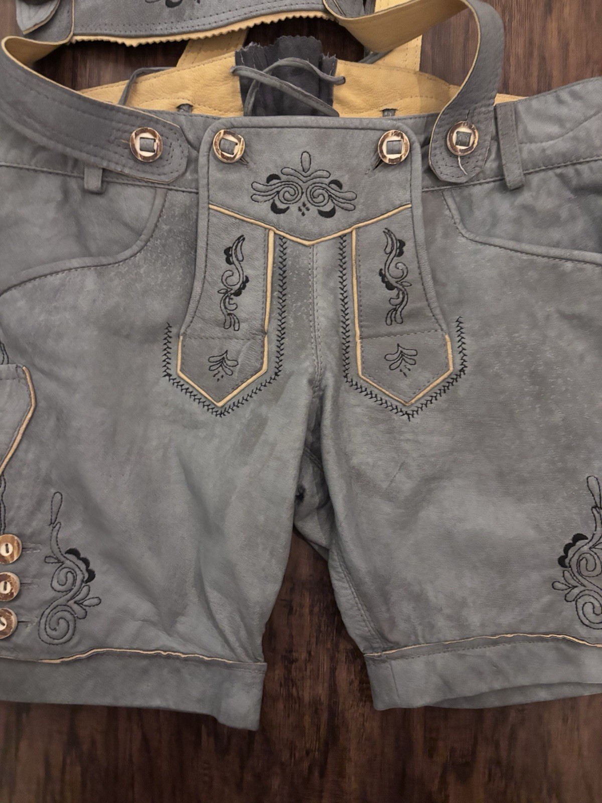 Maddox Genuine Leather Blueish Grey Lederhosen Shorts w/ Suspenders Size 38