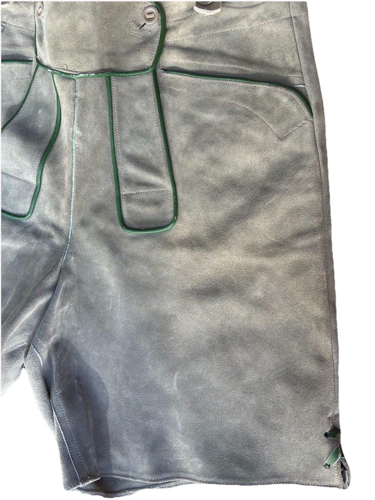 Vintage Lederhosen Men’s Leather Shorts 50 (39 Waist) XL Gray Suede Suspenders