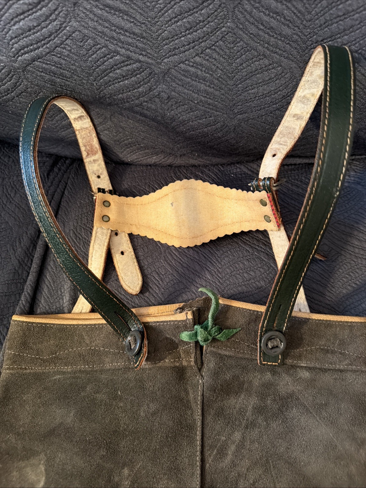 Vintage Lederhosen West Germany Leather Suede Gray Waist 21 Button Suspenders