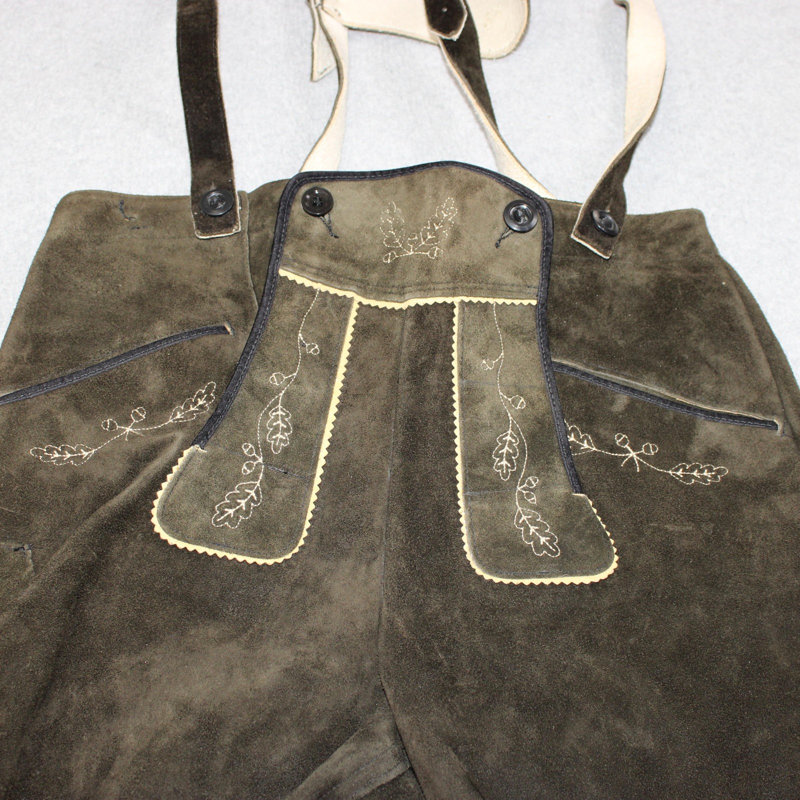 Vintage Lederhosen Men 34 Brown Suede Leather Embroidered Oktoberfest Deer Retro