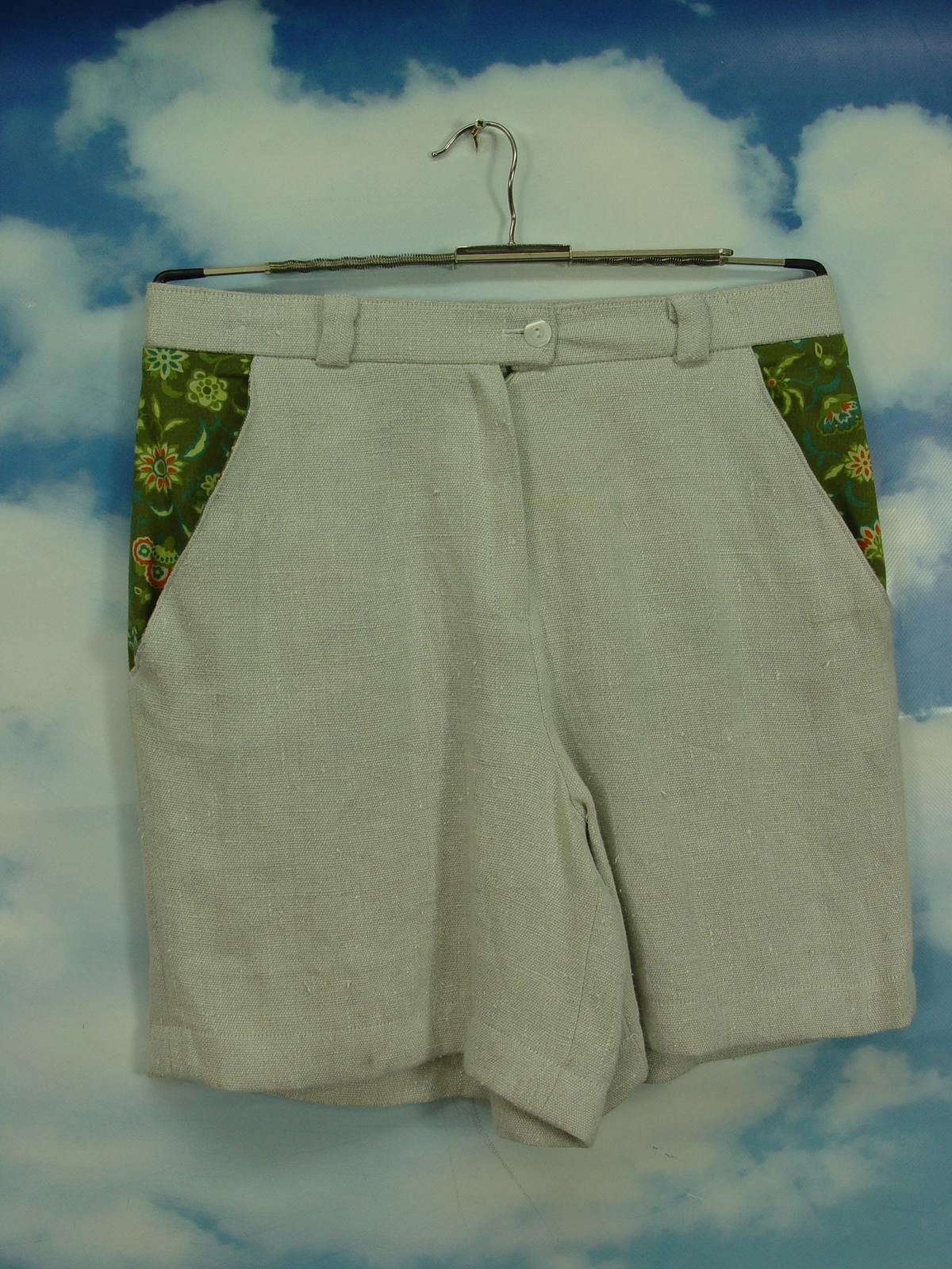 Upcycled pants men’s shorts green pockets linen short pants UCS008 size 46