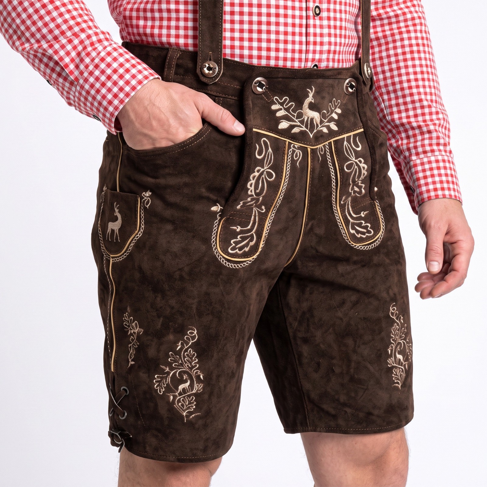 Authentic Men Lederhosen Otto with Deer and Oak Embroidery Oktoberfest Costume