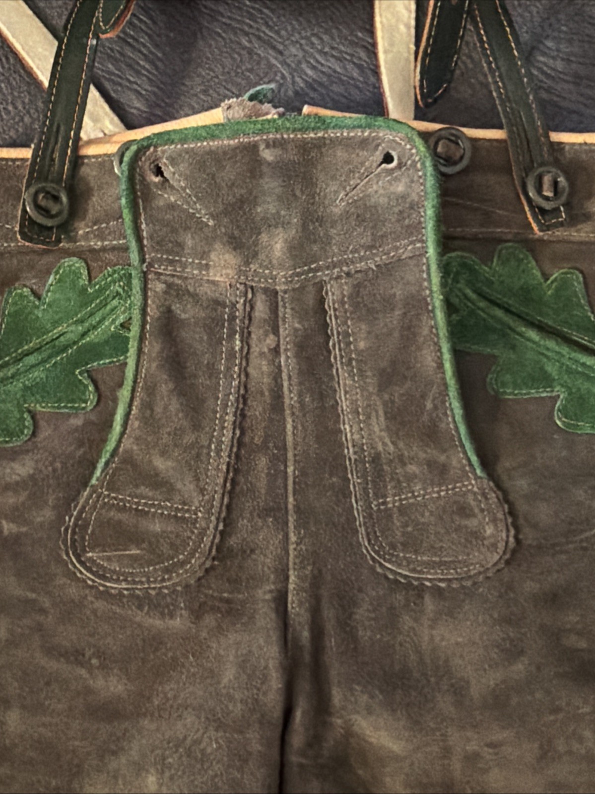 Vintage Lederhosen West Germany Leather Suede Gray Waist 21 Button Suspenders