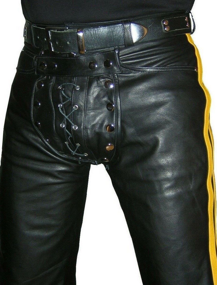 Lederhose schwarz gelb Hose Lederjeans NEU Cod piece leather pants trousers new